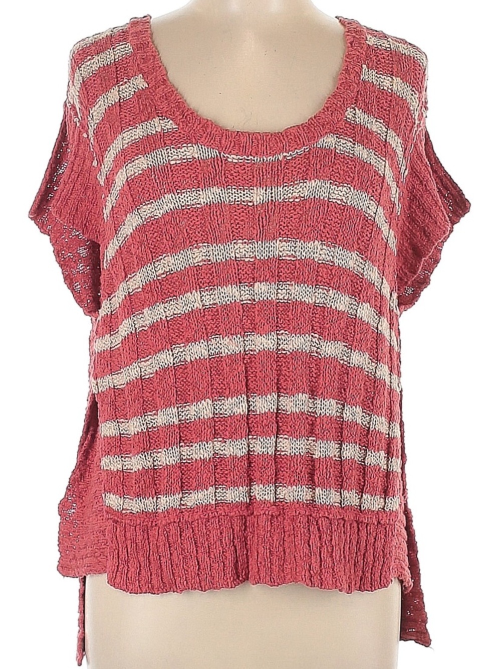 Free People Striped Knit Short Sleeve Sweater - Coral and Cream